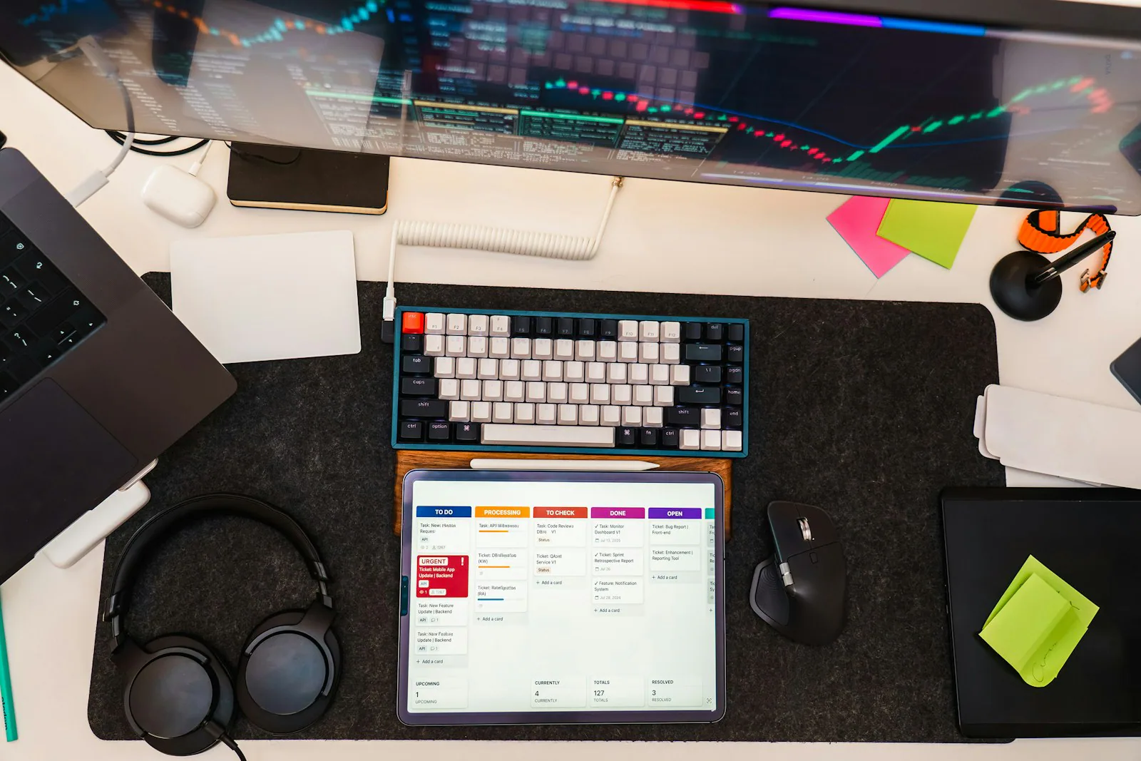 Ein Arbeitsplatz mit Tablet, digitaler Aufgabenübersicht und Tastatur von oben.