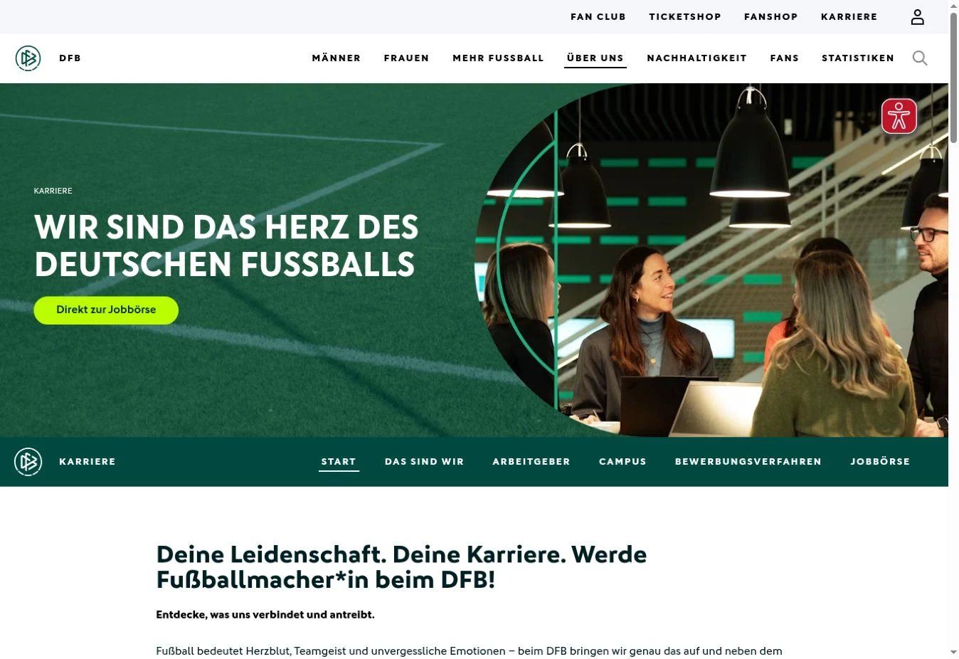 Screenshot der offiziellen Karriereseite von DFB.