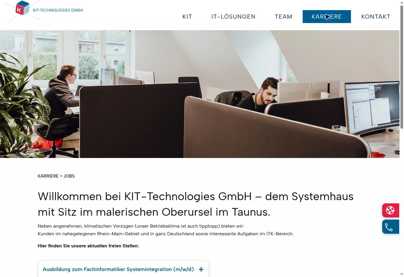 Screenshot der offiziellen Karriereseite von KIT Technologies.